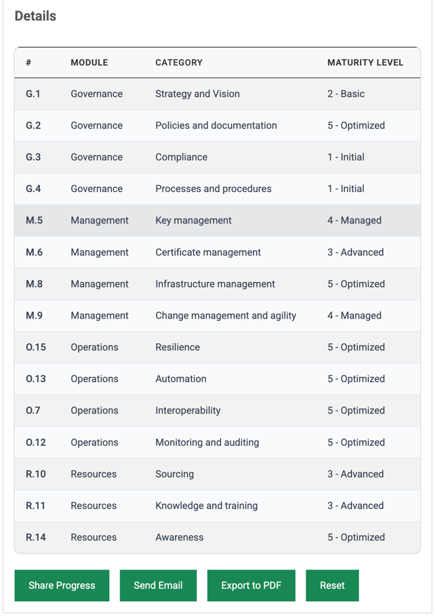 PKIMM detailed assessment results showing all 15 categories with their module, category name, and maturity level from Initial through Optimized